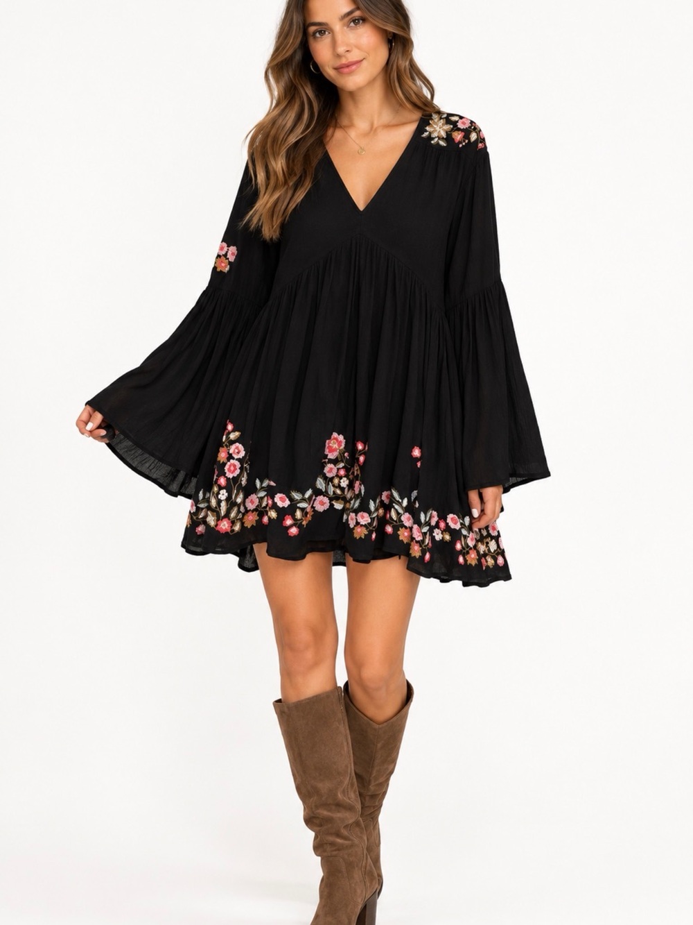 FREE PEOPLE Te Amo Babydoll embroidered gauze dress women's
V-Neck Dress